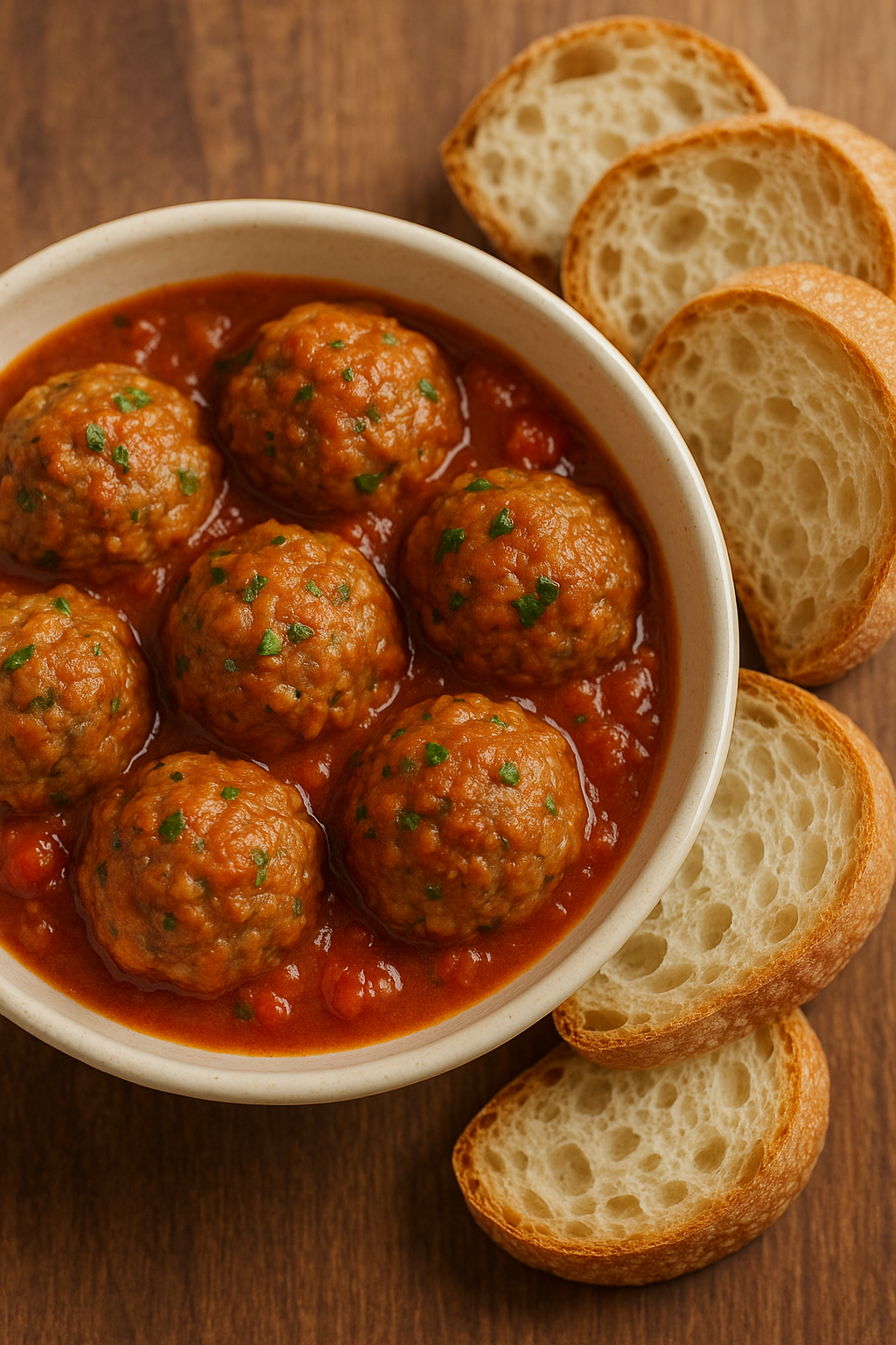 Home made Meatball gravy, bread and slice